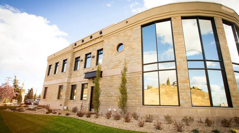 A striking commercial stone facade showcasing our expert craftsmanship and attention to detail.
